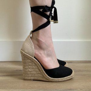 Boho lace up black and cream espadrille wedges
